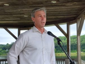 PC Leader Tim Houston addresses crowd at Shipyards Landing, Bridgewater in July 2020
