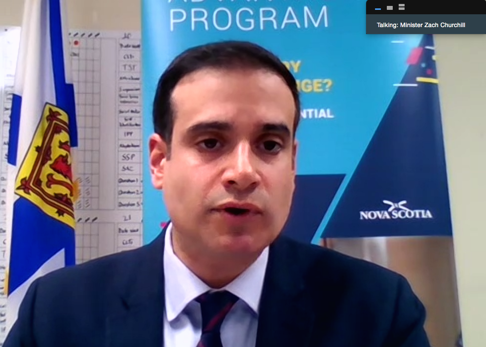 Nova Scotia Education and  Early Childhood Development Minister Zach Churchill announces $21.5 million in at home technology support via Zoom