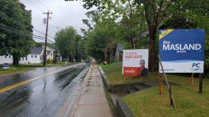 Election signs line both sides of a main street
